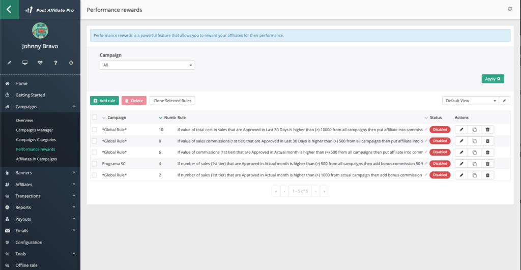 Performance rewards in Post Affiliate Pro