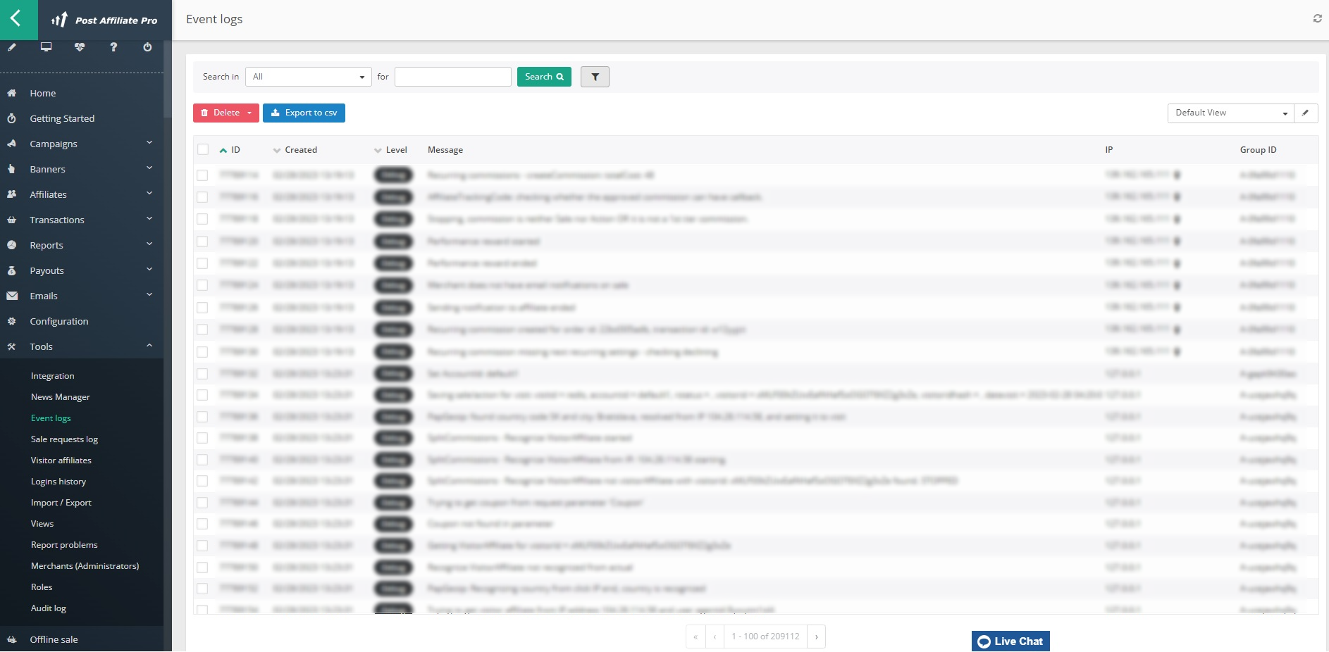 Post Affiliate Pro - Panoramica registro eventi
