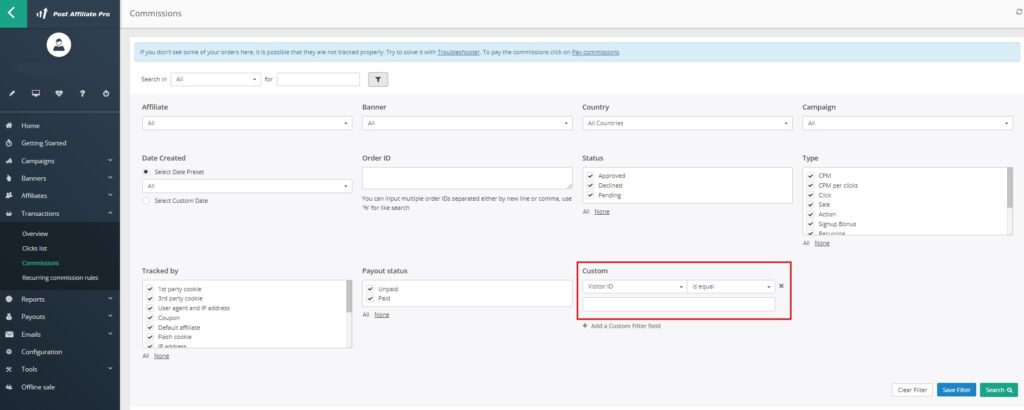 Post Affiliate Pro - filtro Visitor ID