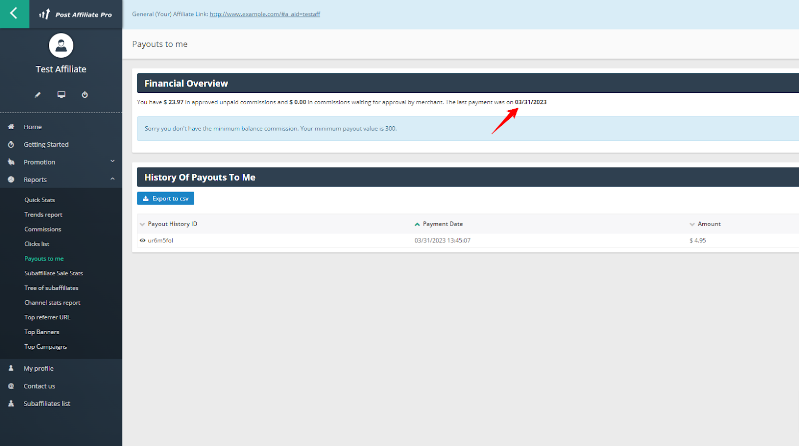 Pannello affiliato che mostra panoramica finanziaria, cronologia dei pagamenti e menu di navigazione