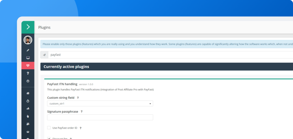 Schermata di configurazione che mostra l’attivazione e la configurazione del plugin PayFast ITN handling in Post Affiliate Pro