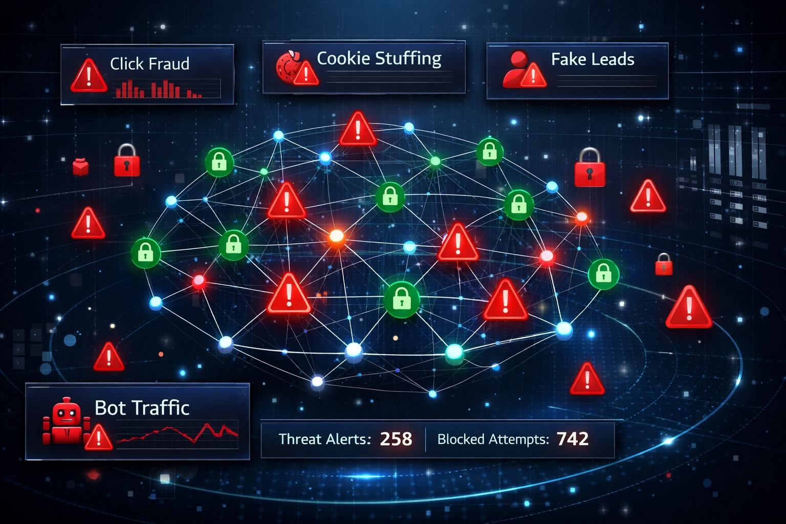 Panorama delle minacce digitali che mostra i pericoli delle frodi di affiliazione con una dashboard di cybersicurezza