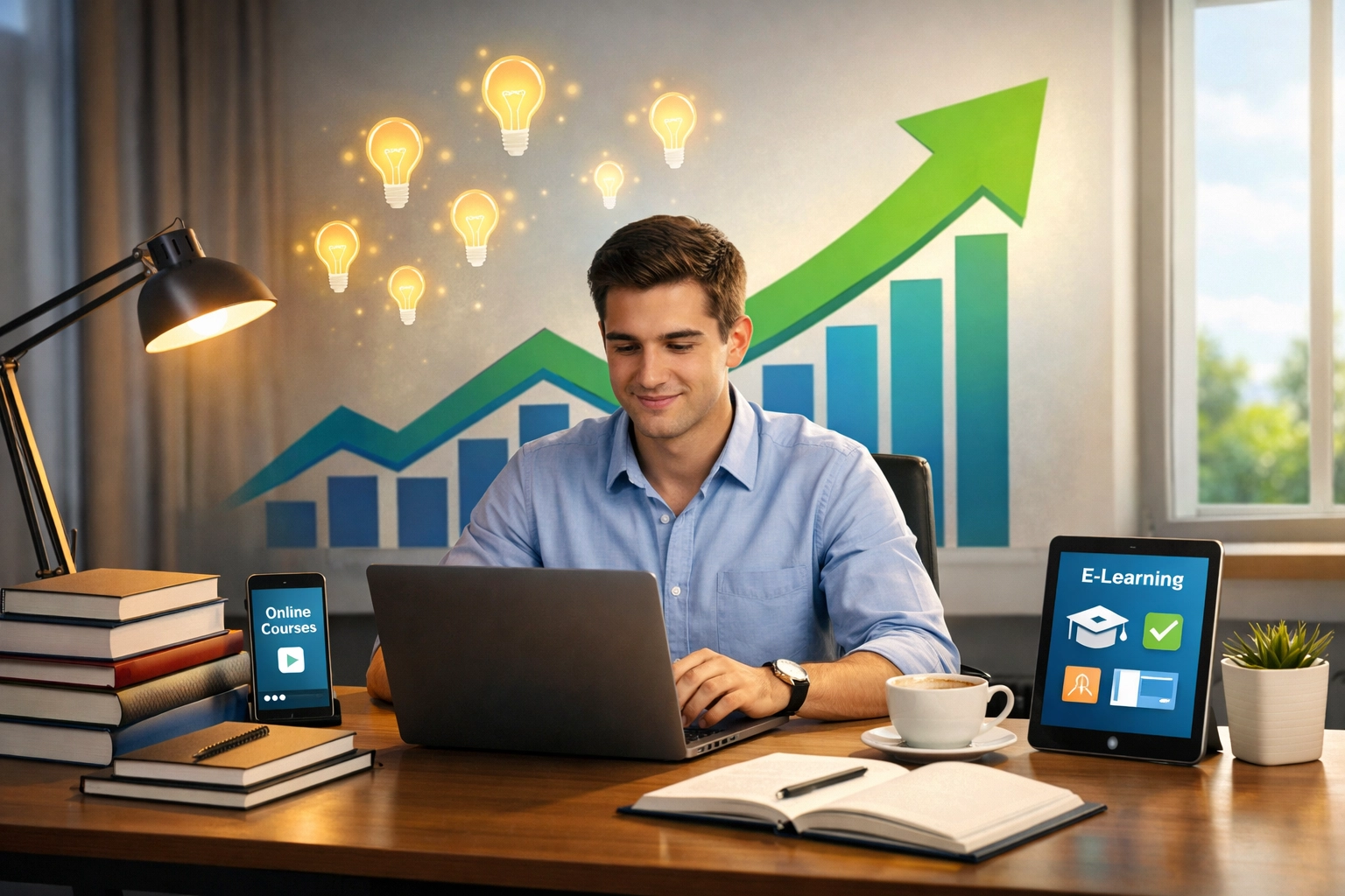 Professional person learning and growing with upward trending arrows, lightbulb icons, and technology elements representing continuous development