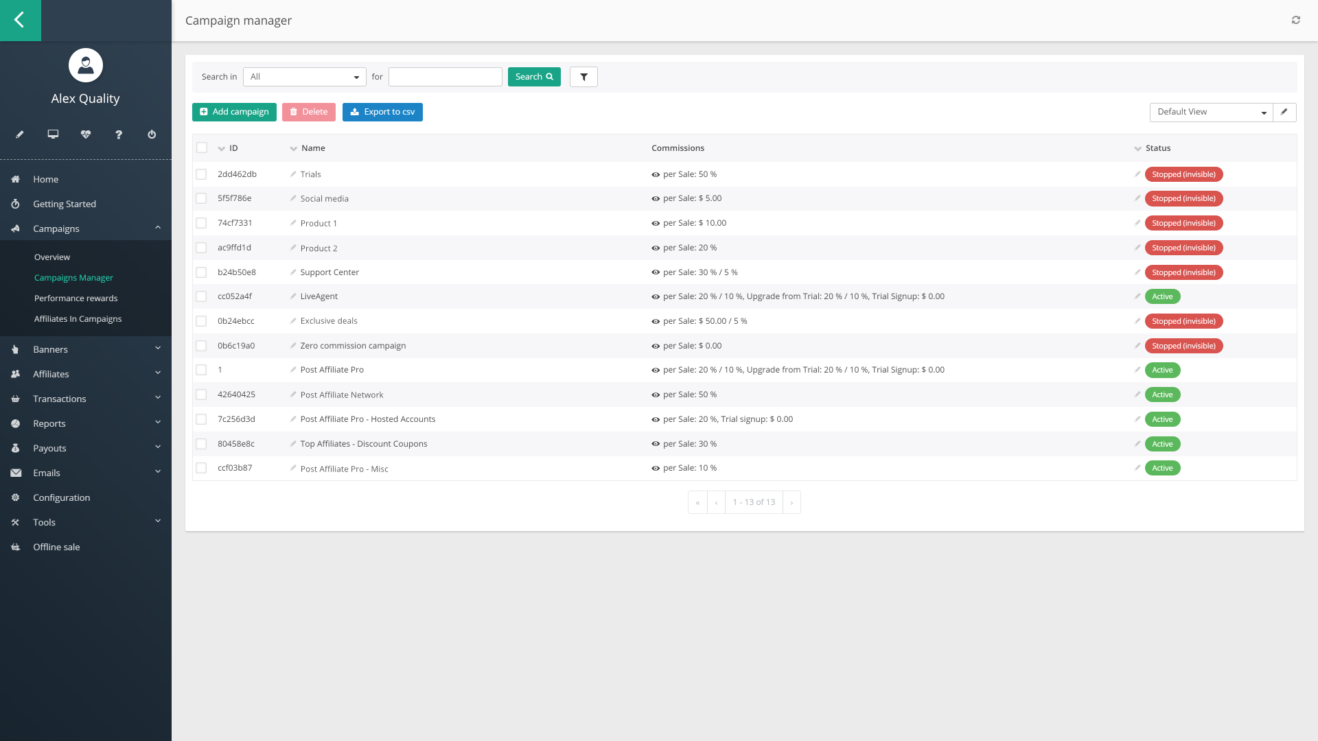 Campagne in Post Affiliate Pro