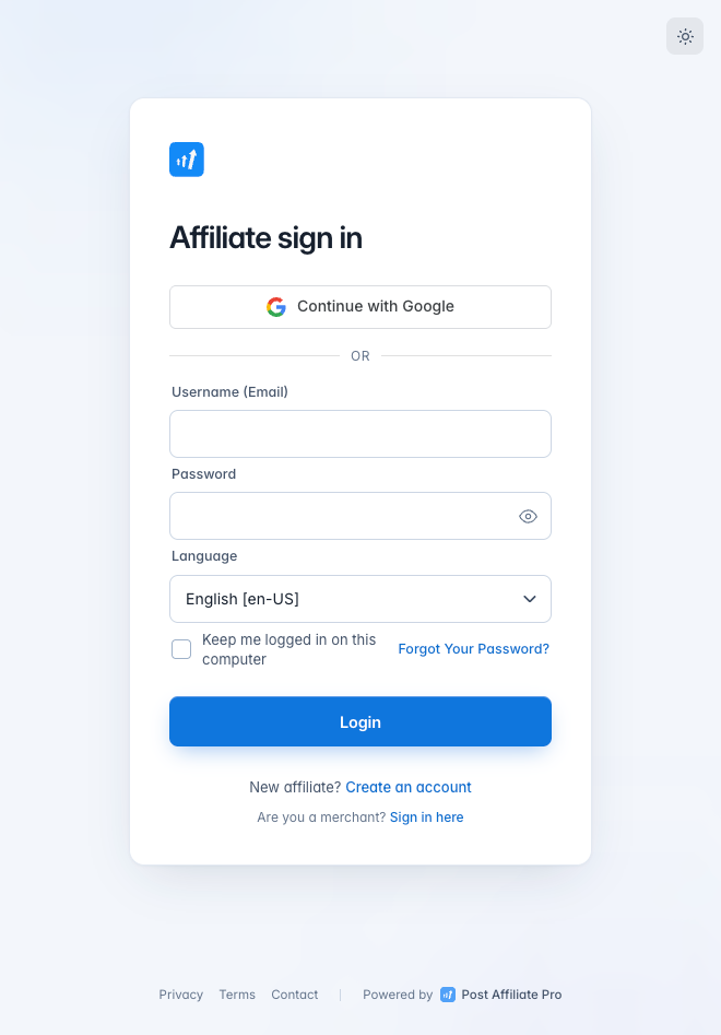 Pulsante Post Affiliate Pro Accedi con Google nella schermata di login