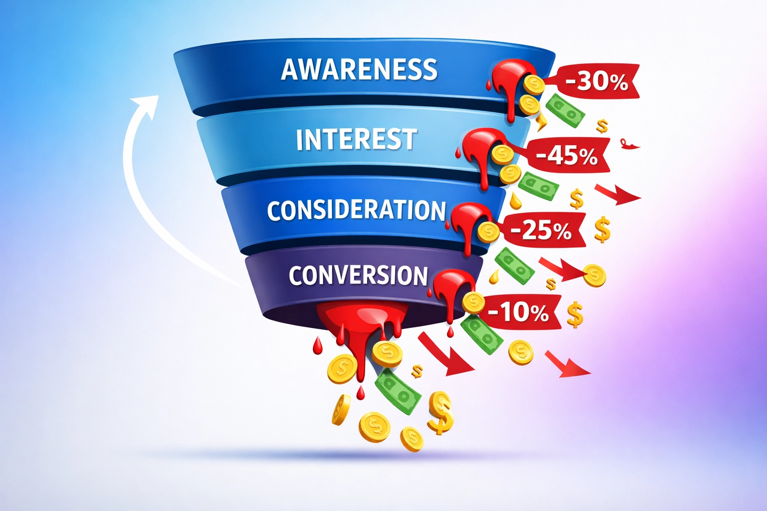 Sales funnel with leak indicators showing lost revenue