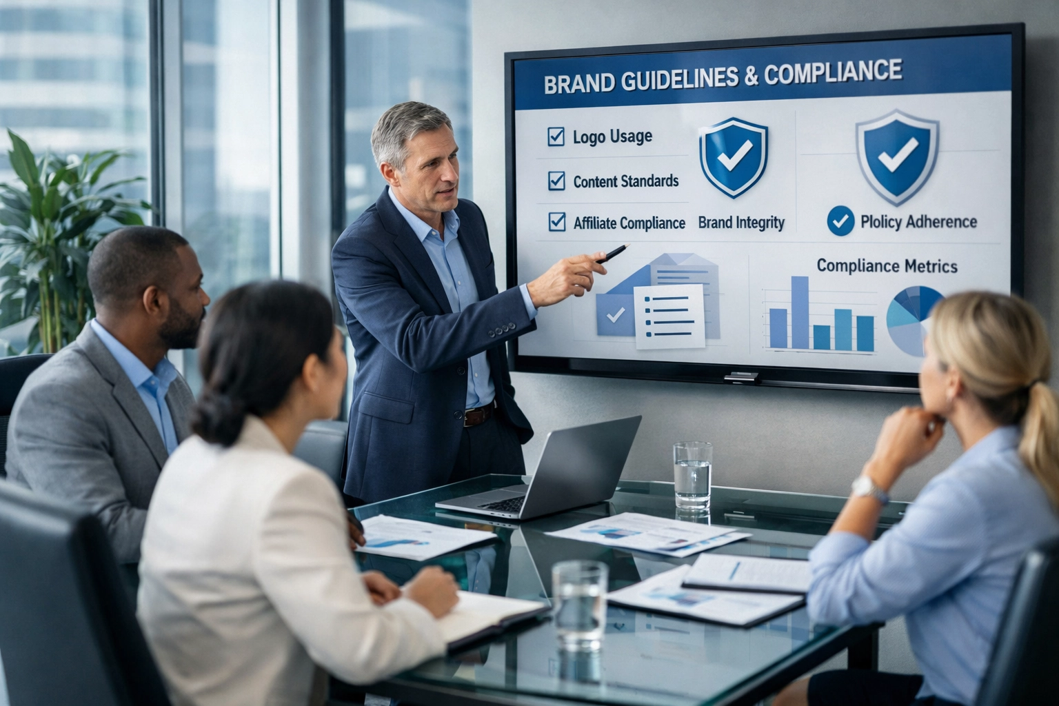 Professional business team discussing brand strategy and affiliate marketing compliance in modern office