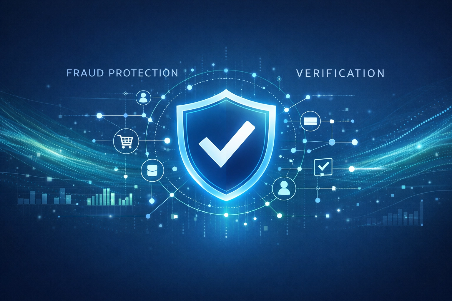 Modern fraud detection security concept with digital shield and interconnected verification nodes