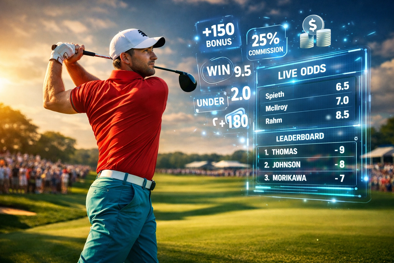 Golfista professionista a metà swing durante un major con overlay quote scommesse
