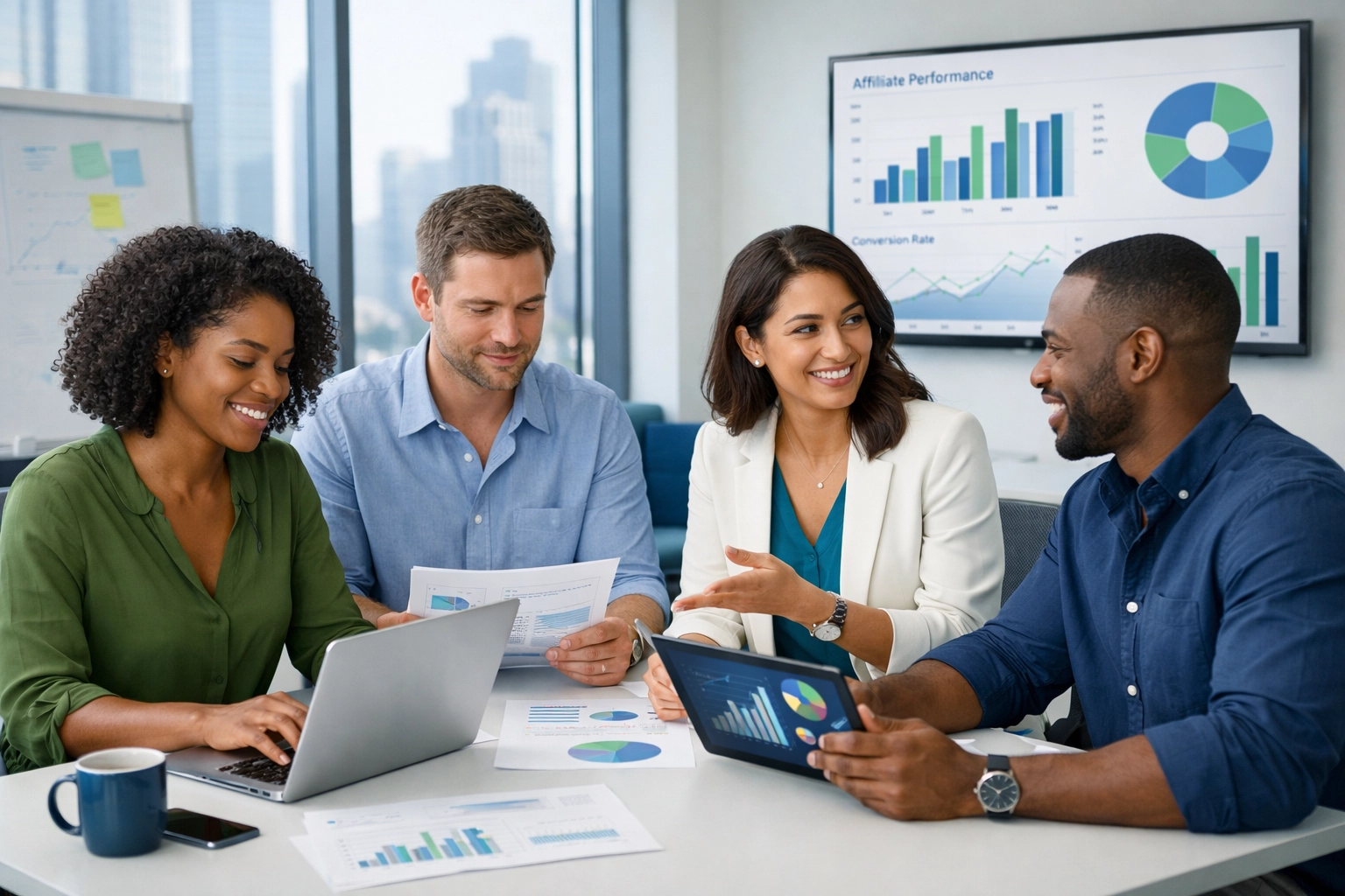 Team eterogeneo di affiliate marketer in collaborazione in un ufficio moderno