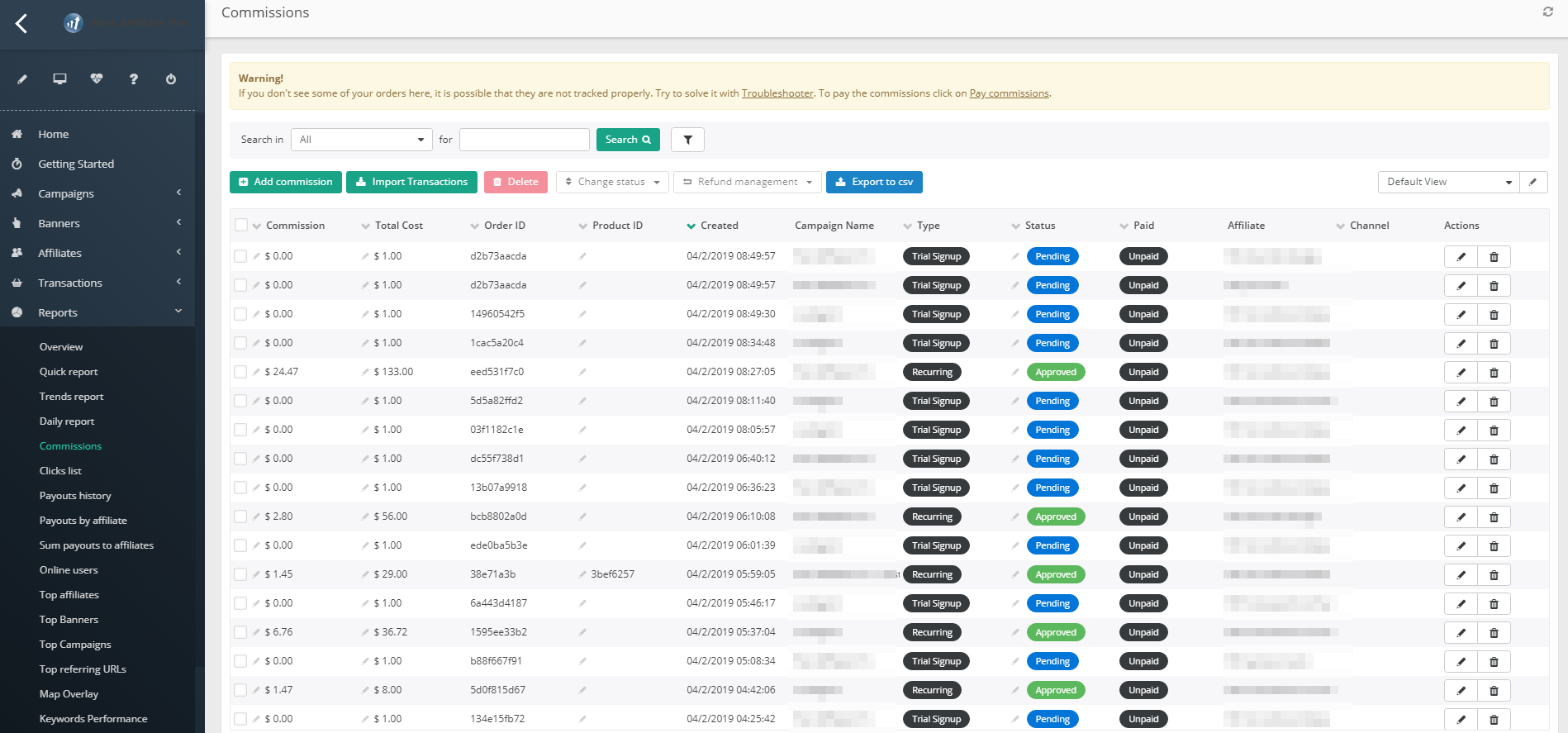 Dashboard dei report di Post Affiliate Pro che mostra le commissioni