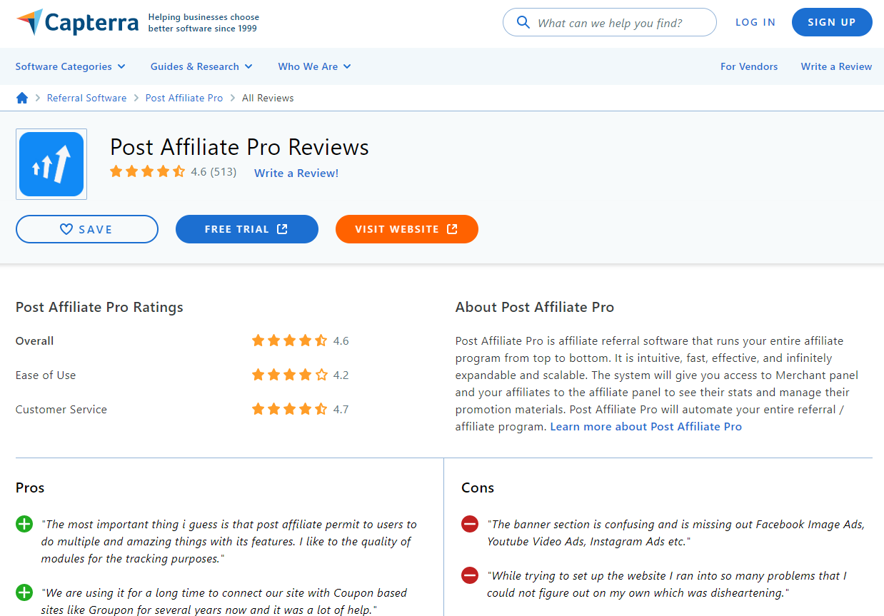 Post Affiliate Pro Capterra reviews 2022