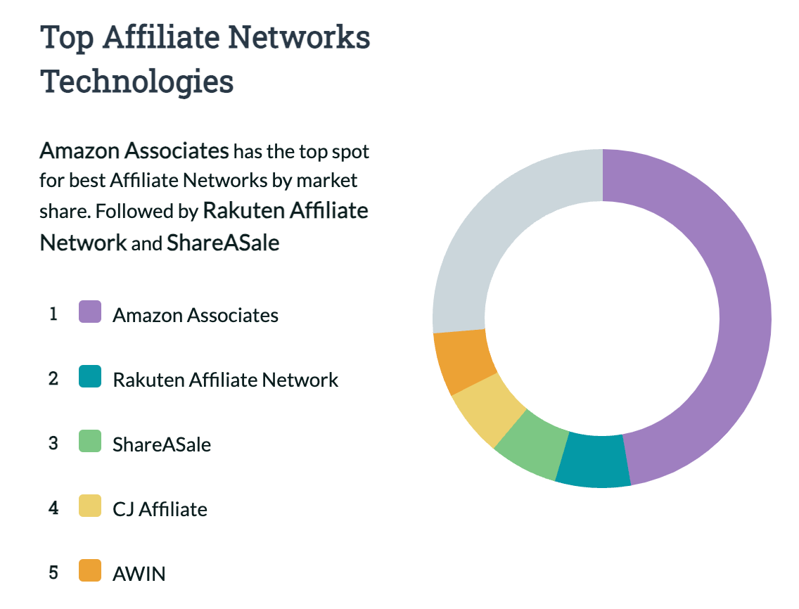 Un grafico a ciambella che mostra i principali network di affiliazione sul mercato, tra cui Amazon e Rakuten.