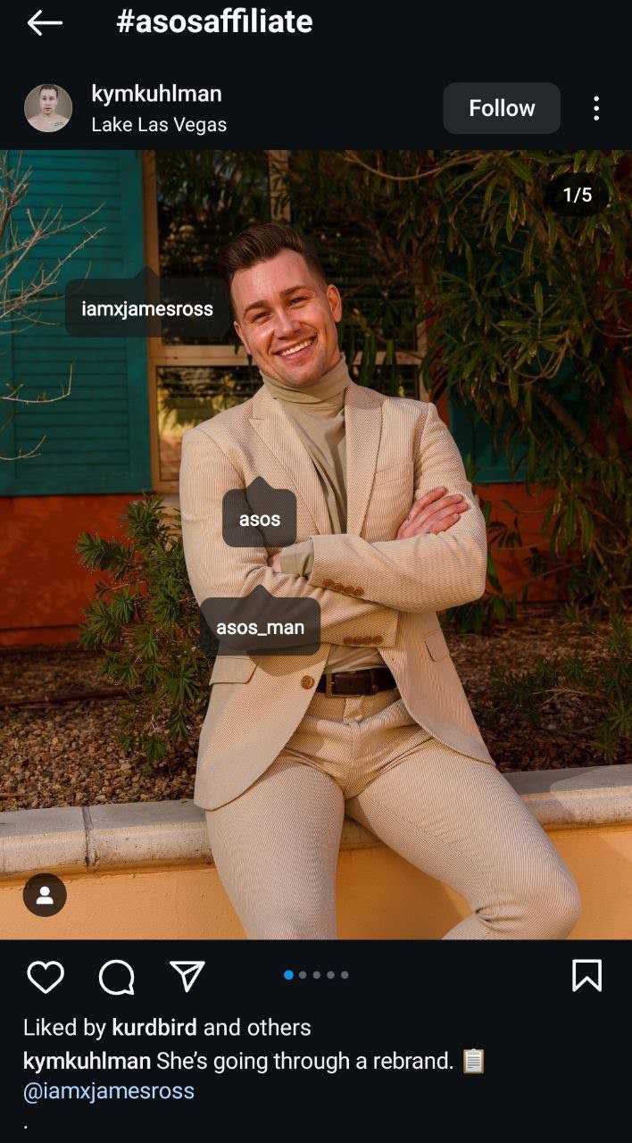 Uno screenshot di un post Instagram di @kymkuhlman che mostra abbigliamento come operatore di marketing di affiliazione.