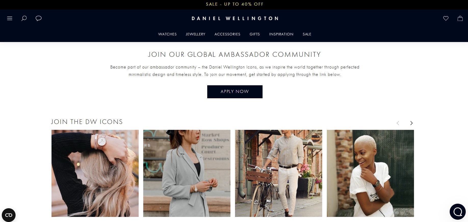 Screenshot della pagina ambassador di Daniel Wellington.