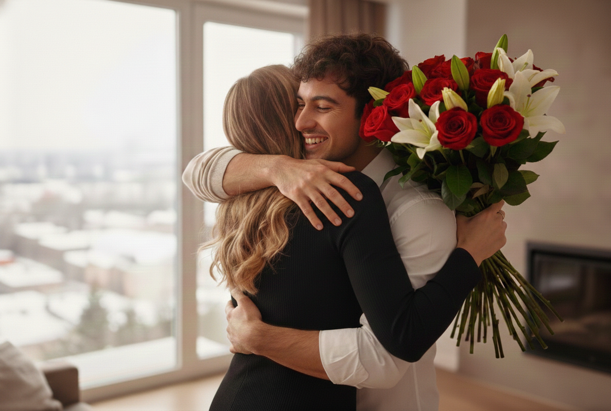 Una donna che tiene dei fiori abbraccia un uomo