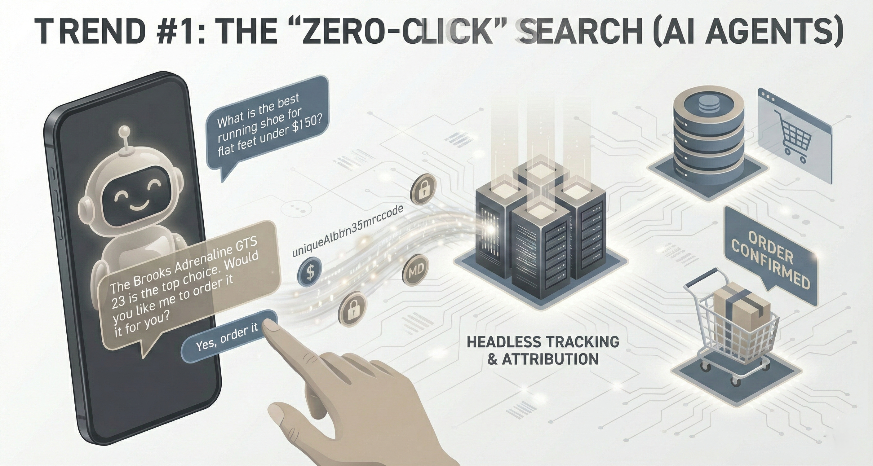 Interfaccia chatbot AI che mostra un esempio di ricerca zero-click in cui un agente AI risponde direttamente alla domanda di prodotto di un utente senza richiedere di cliccare sui risultati di ricerca