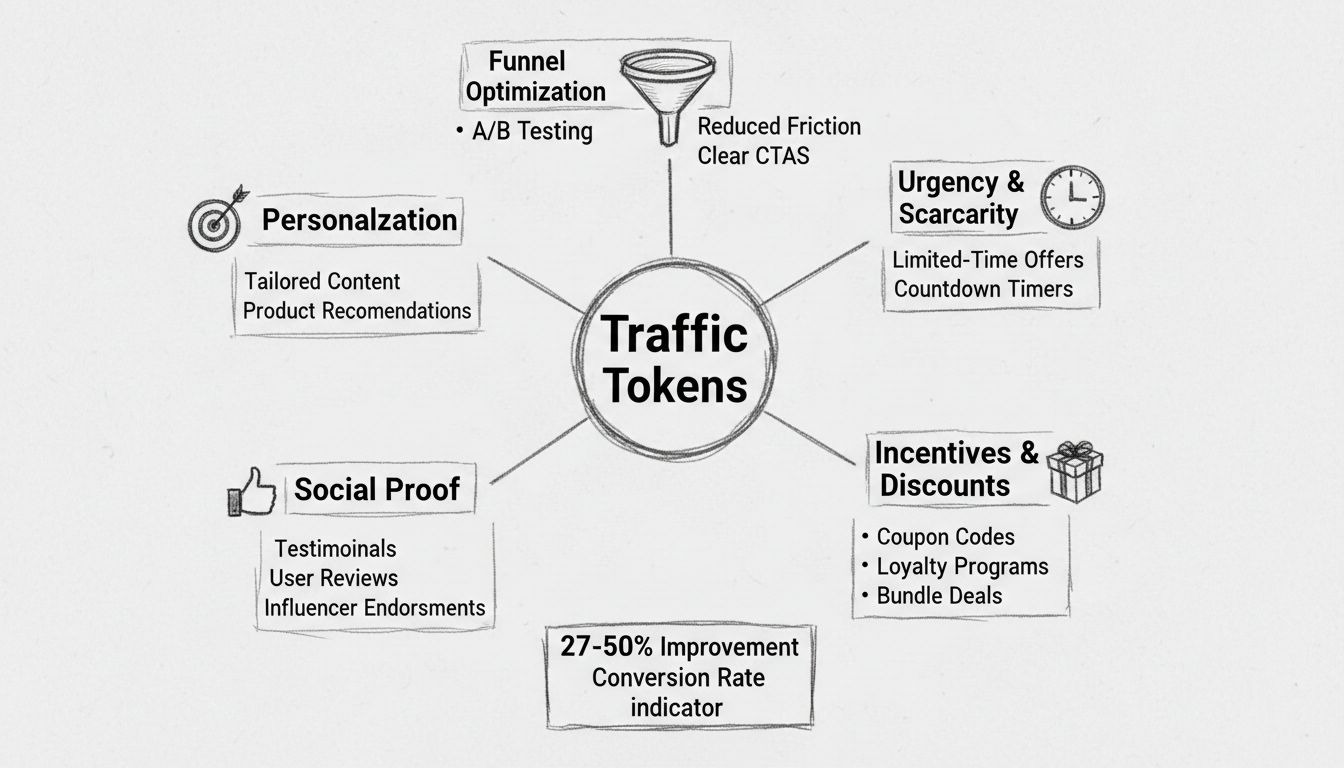 Diagramma delle strategie di ottimizzazione delle conversioni con traffic token: urgenza, incentivi, riprova sociale, personalizzazione e ottimizzazione del funnel