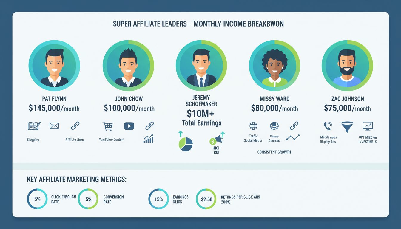 Dashboard dei migliori super affiliati con Pat Flynn, John Chow, Jeremy Schoemaker e altri marketer di successo con i loro guadagni mensili e fonti di reddito