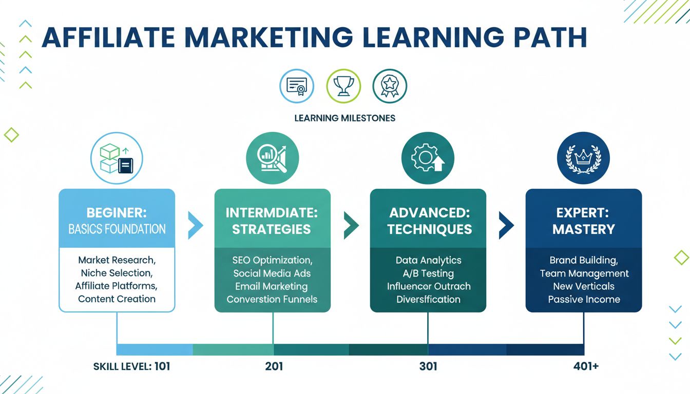 Progressione dell'apprendimento nell'affiliate marketing dal livello principiante ad avanzato con un percorso passo dopo passo che mostra le basi, strategie intermedie, tecniche avanzate e padronanza esperta