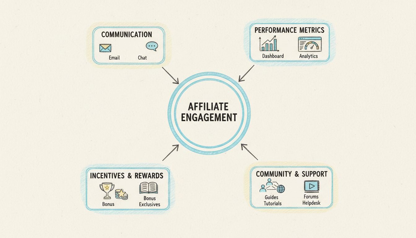 Quadro strategico per il coinvolgimento degli affiliati che mostra comunicazione, metriche di performance, incentivi, formazione e supporto community
