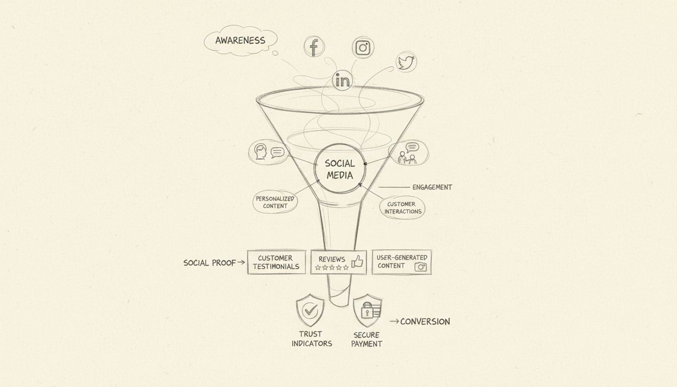 Diagramma del funnel dell'inbound marketing che mostra il coinvolgimento sui social media, contenuti personalizzati, social proof e fasi di conversione