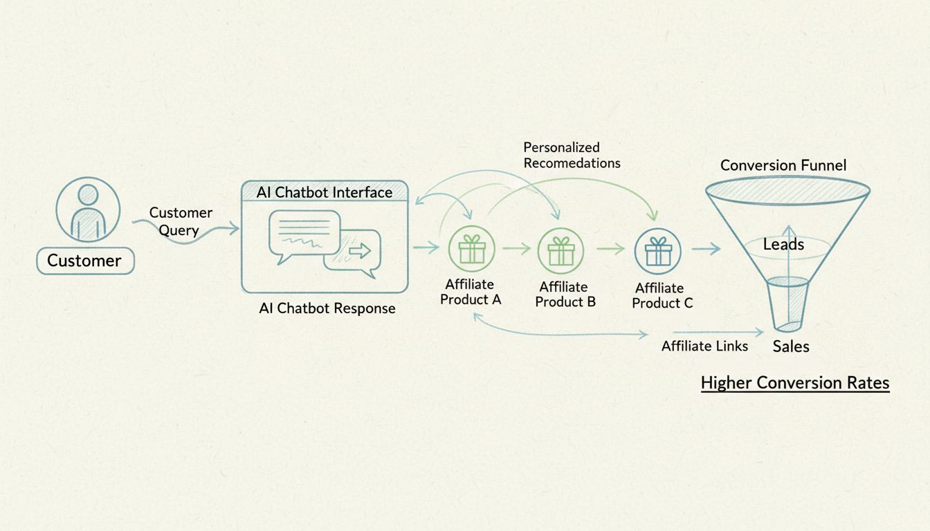 Diagramma del flusso di lavoro di un chatbot per l'affiliate marketing che mostra richiesta cliente, risposta IA, raccomandazioni personalizzate, link affiliati e funnel di conversione