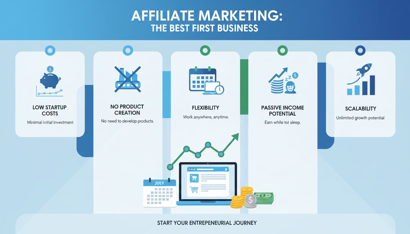 Infografica che mostra i vantaggi del marketing di affiliazione come primo business: costi ridotti, flessibilità, reddito passivo e scalabilità
