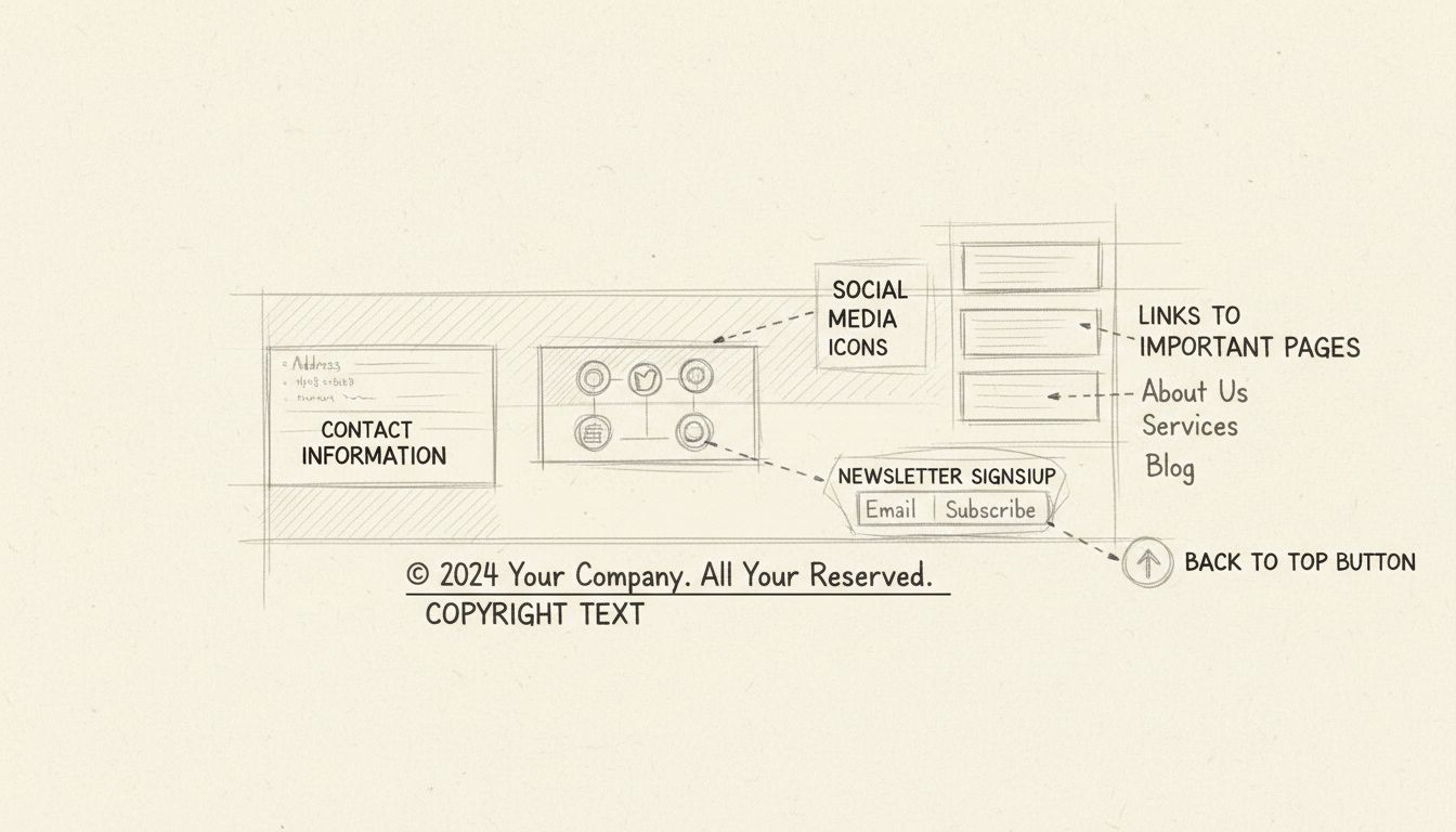 Diagramma del layout del footer di un sito che mostra informazioni di contatto, icone social, testo copyright, link di navigazione, form di iscrizione alla newsletter e pulsante torna su