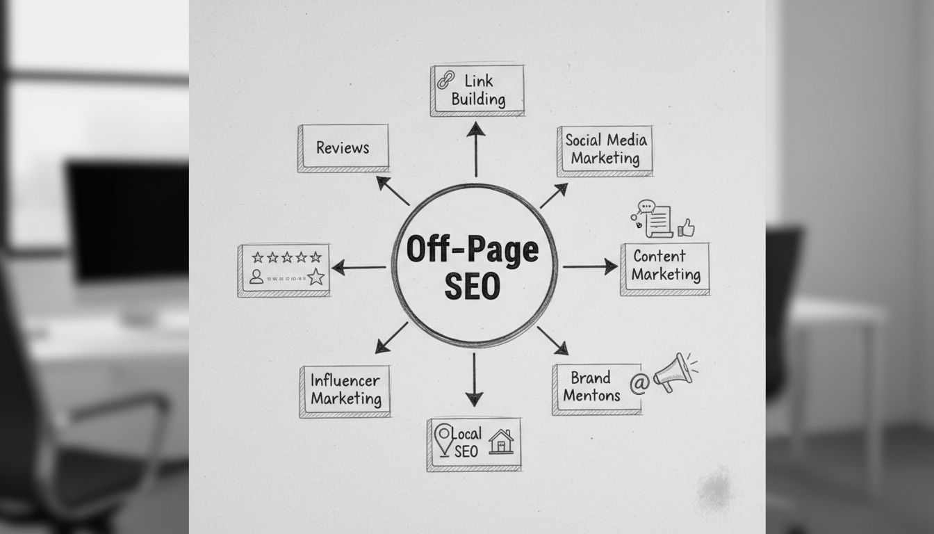 Diagramma delle strategie SEO off-page che mostra link building, social media marketing, content marketing, menzioni del brand, local SEO, influencer marketing e recensioni