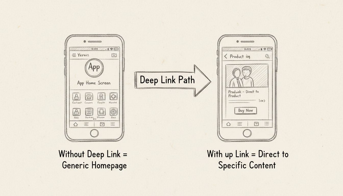 Diagramma del mobile deep linking che mostra la navigazione diretta a un contenuto specifico dell'app rispetto alla home page generica