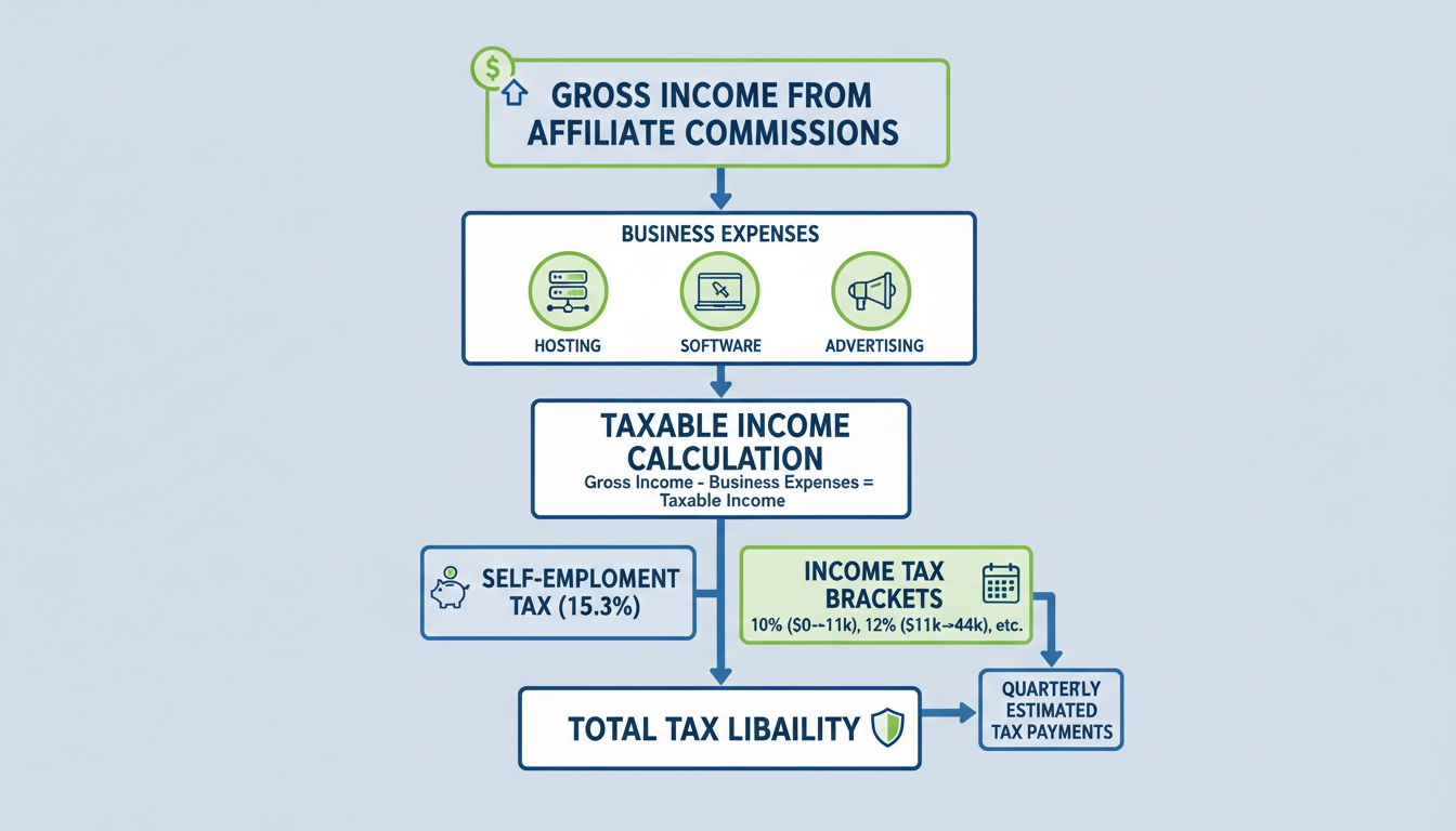 Diagramma di flusso del calcolo del reddito tassabile per affiliati che mostra il reddito lordo, le spese aziendali e la responsabilità fiscale