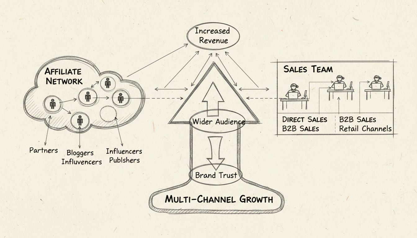 Diagramma che mostra la sinergia tra rete di affiliati e team di vendita con frecce convergenti che indicano aumento dei ricavi, maggiore copertura di pubblico e fiducia nel marchio