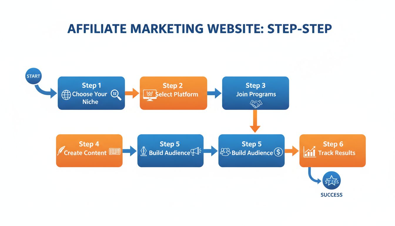 Diagramma di flusso step-by-step che mostra i 6 passaggi principali per avviare un sito web di affiliate marketing: Scegli la nicchia, seleziona la piattaforma, aderisci ai programmi, crea contenuti, costruisci il pubblico e monitora i risultati
