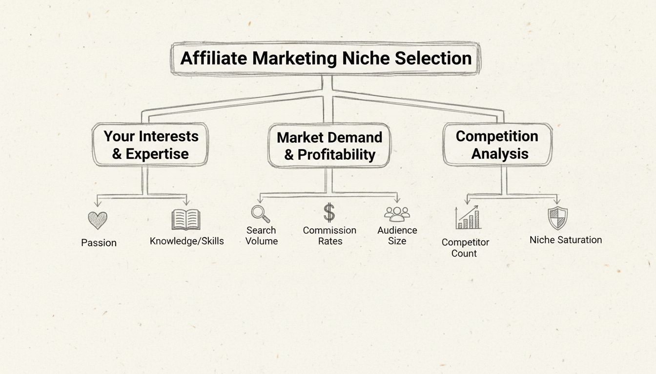 Diagramma ad albero decisionale per la scelta della nicchia di affiliate marketing con tre rami principali: interessi e competenze, domanda e redditività di mercato, analisi della concorrenza