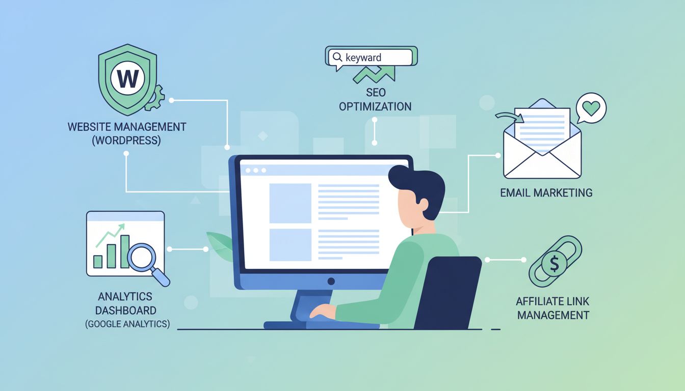 Competenze tecniche infografica marketing di affiliazione che mostra gestione siti web, analytics, SEO, email marketing e gestione link