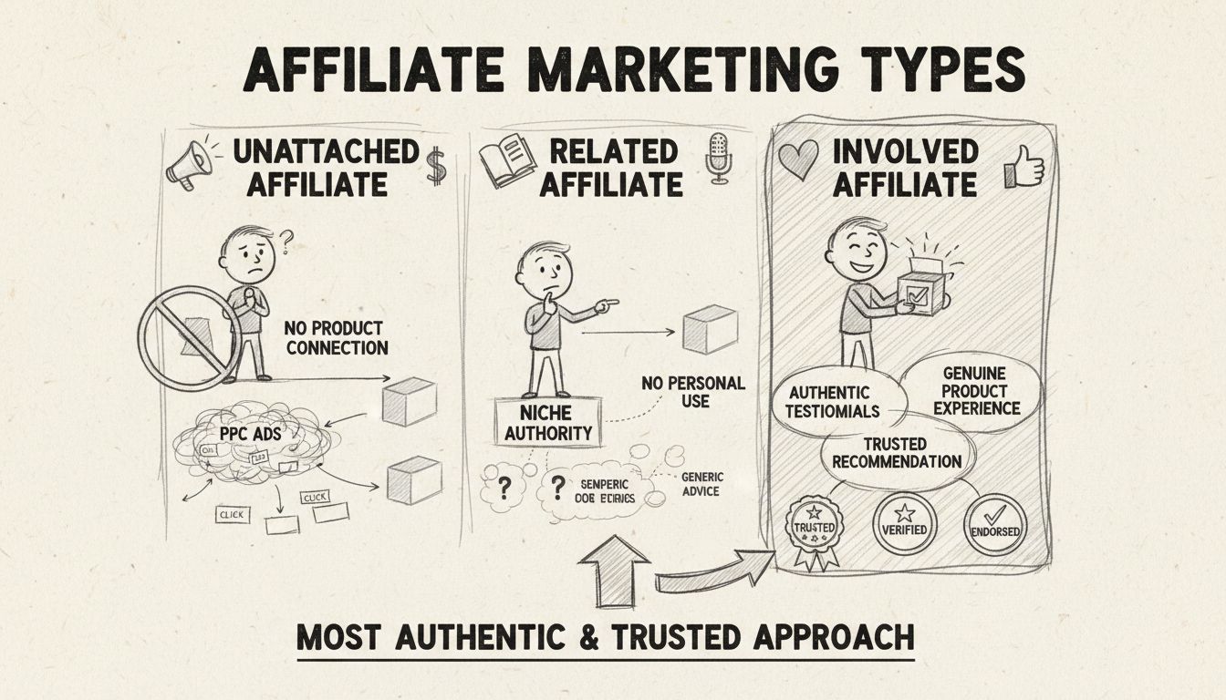 Diagramma comparativo dei tre tipi di affiliate marketing: Non Collegato, Relazionato e Coinvolto, con le loro caratteristiche e livelli di fiducia