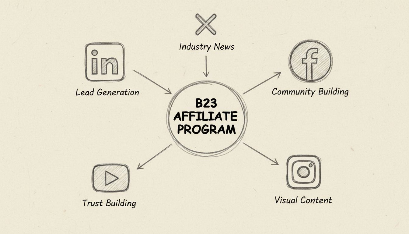 Diagramma della strategia social media per programmi di affiliazione B2B che mostra LinkedIn, Facebook, YouTube, Instagram e Twitter collegati all'hub centrale del programma di affiliazione
