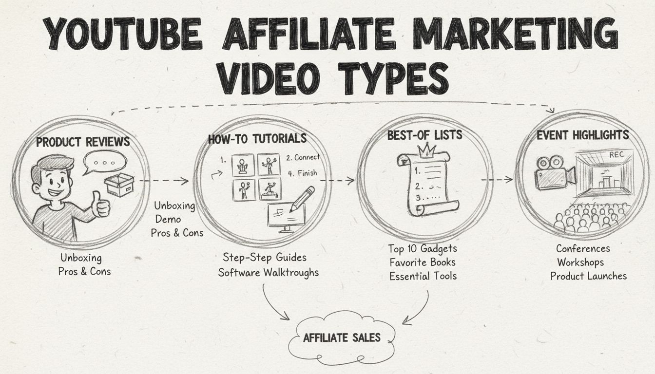 Tipi di video YouTube per il marketing di affiliazione, tra cui recensioni di prodotti, tutorial, classifiche e eventi salienti