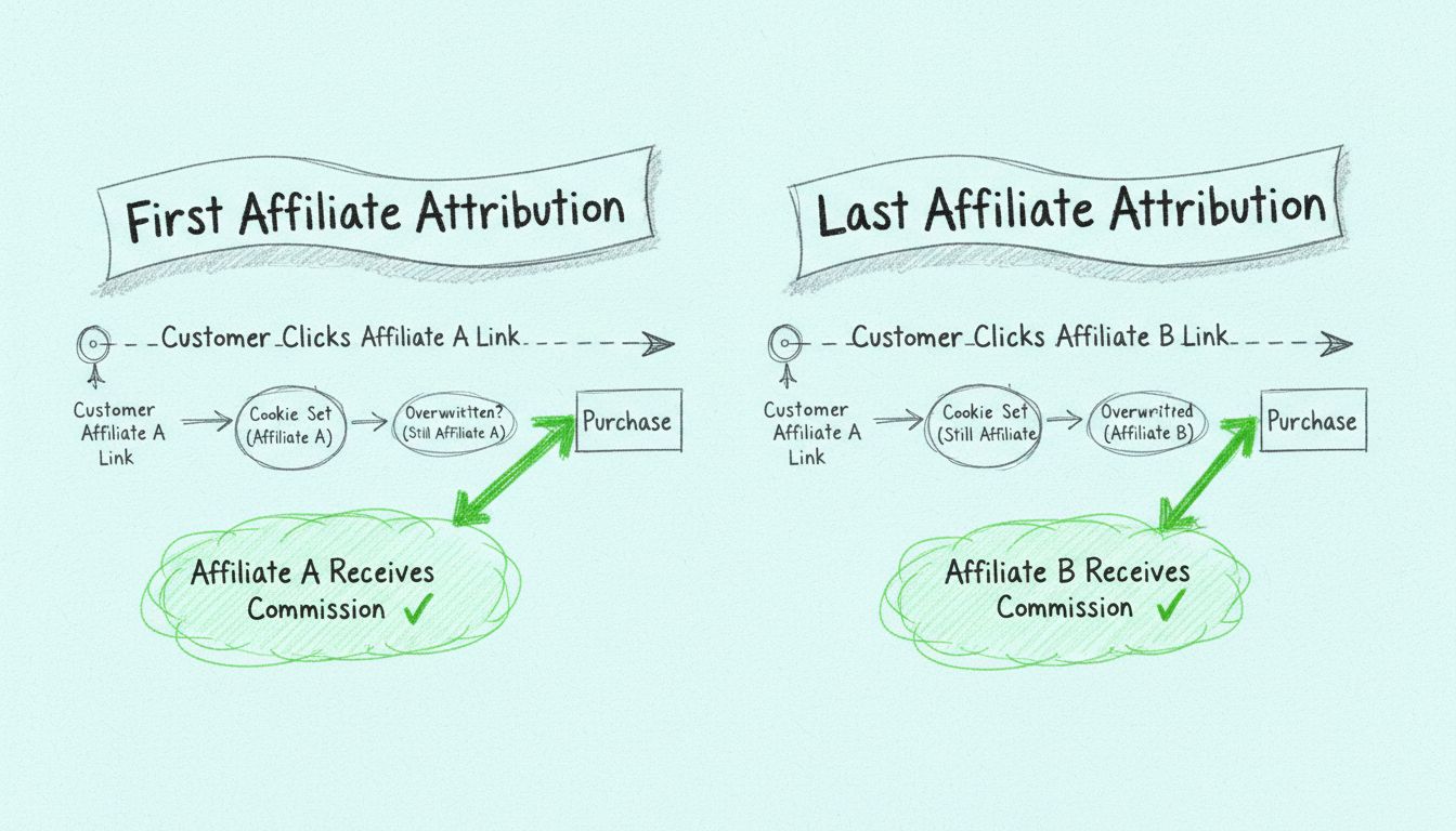 Diagramma di confronto dell'attribuzione affiliata che mostra i modelli di attribuzione first e last touch con il tracciamento dei cookie