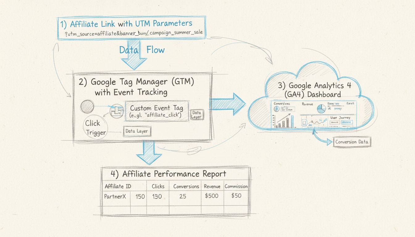 Diagramma di flusso della configurazione del tracciamento affiliati in Google Analytics che mostra parametri UTM, Google Tag Manager, dashboard GA4 e report sulle performance degli affiliati