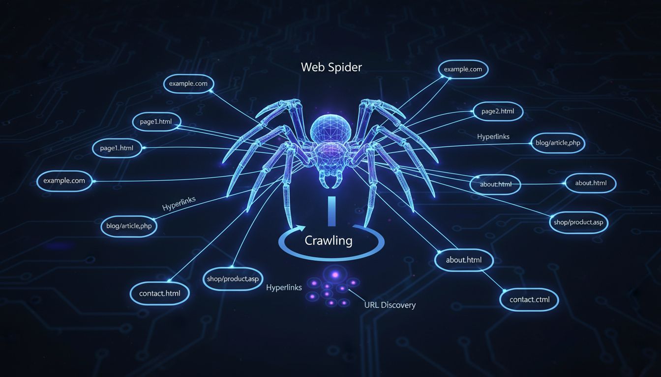 Diagramma tecnico che mostra come i web spider esplorano Internet tramite connessioni di rete e collegamenti ipertestuali