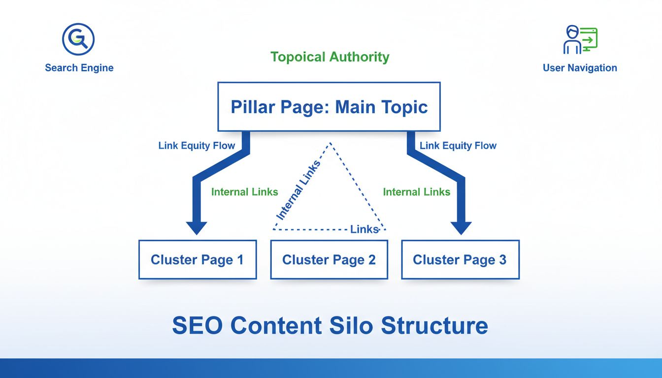 Diagramma della struttura di un silo di contenuti che mostra la pagina pilastro collegata alle pagine cluster tramite linking interno e flusso di autorevolezza