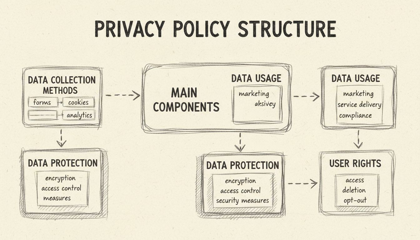 Diagramma della struttura di una privacy policy che mostra metodi di raccolta dati, utilizzo, protezione e diritti degli utenti