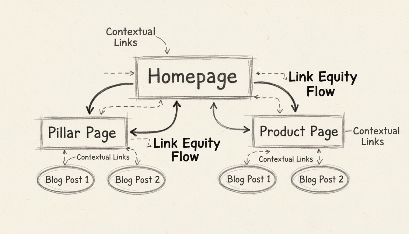 Diagramma disegnato a mano che mostra la struttura dei link interni con la homepage collegata a pagine pilastro, post del blog e pagine prodotto con frecce che indicano il flusso dell'autorevolezza