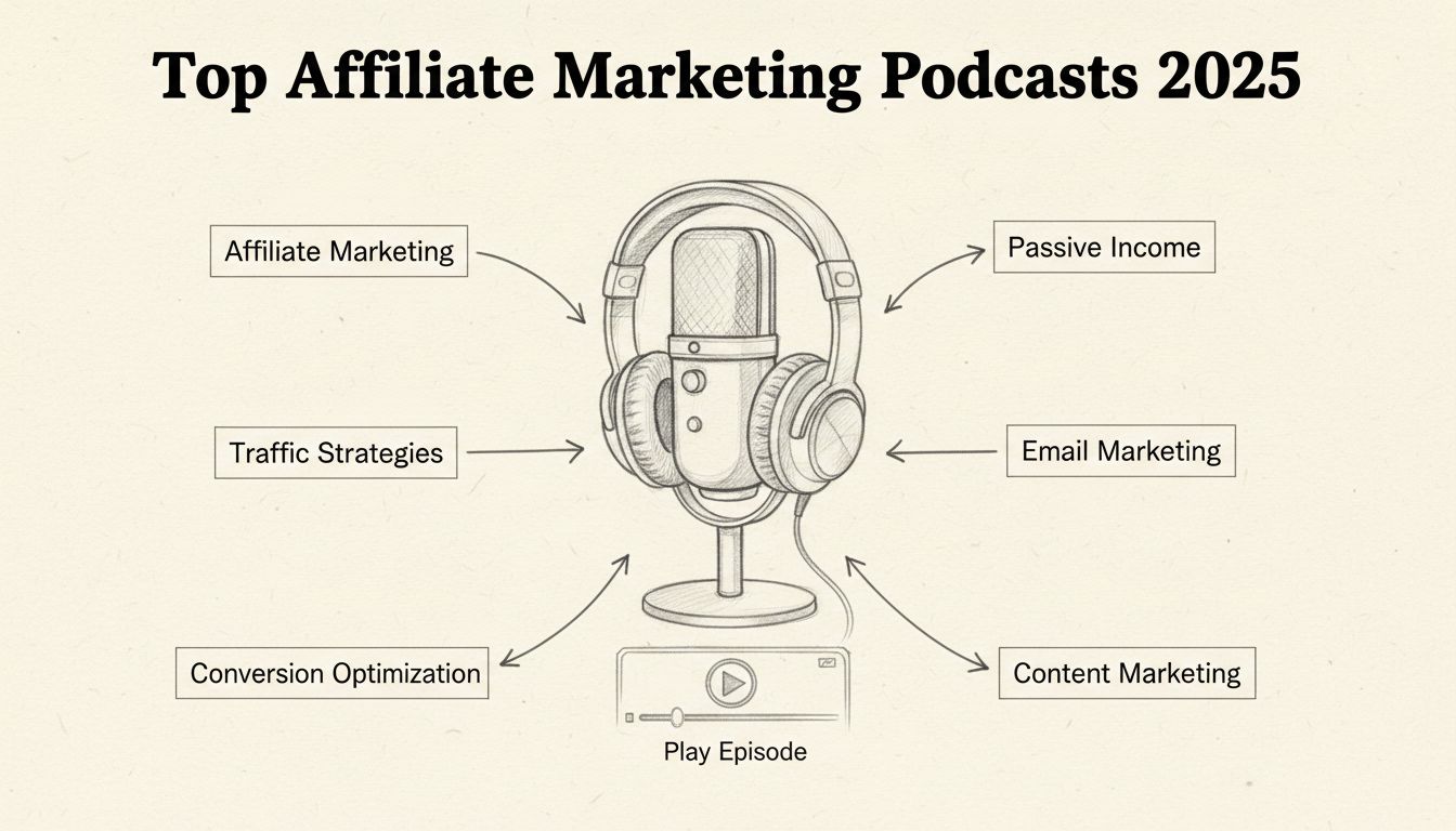 Diagramma disegnato a mano di microfono podcast con argomenti di affiliate marketing