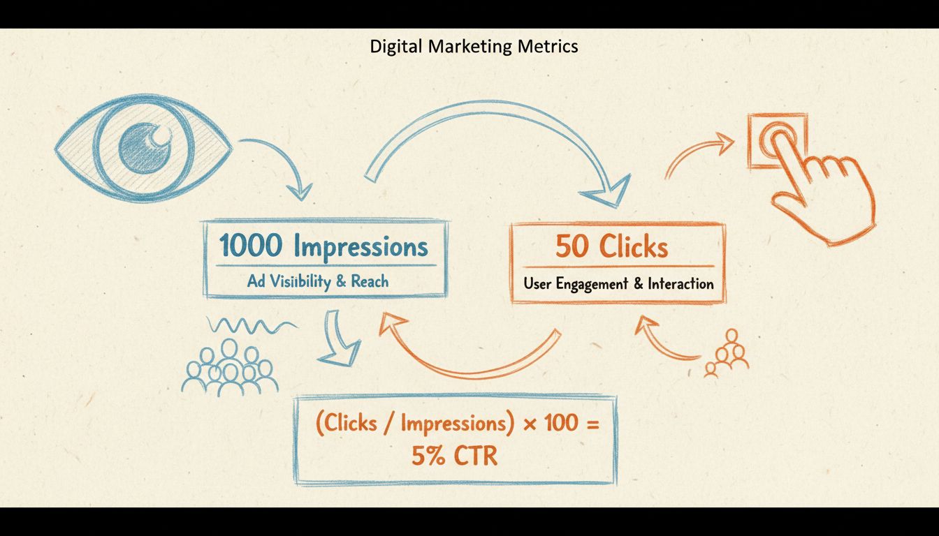 Diagramma disegnato a mano che mostra la differenza tra impression e clic con icona dell'occhio per le impression e icona della mano che clicca per i clic