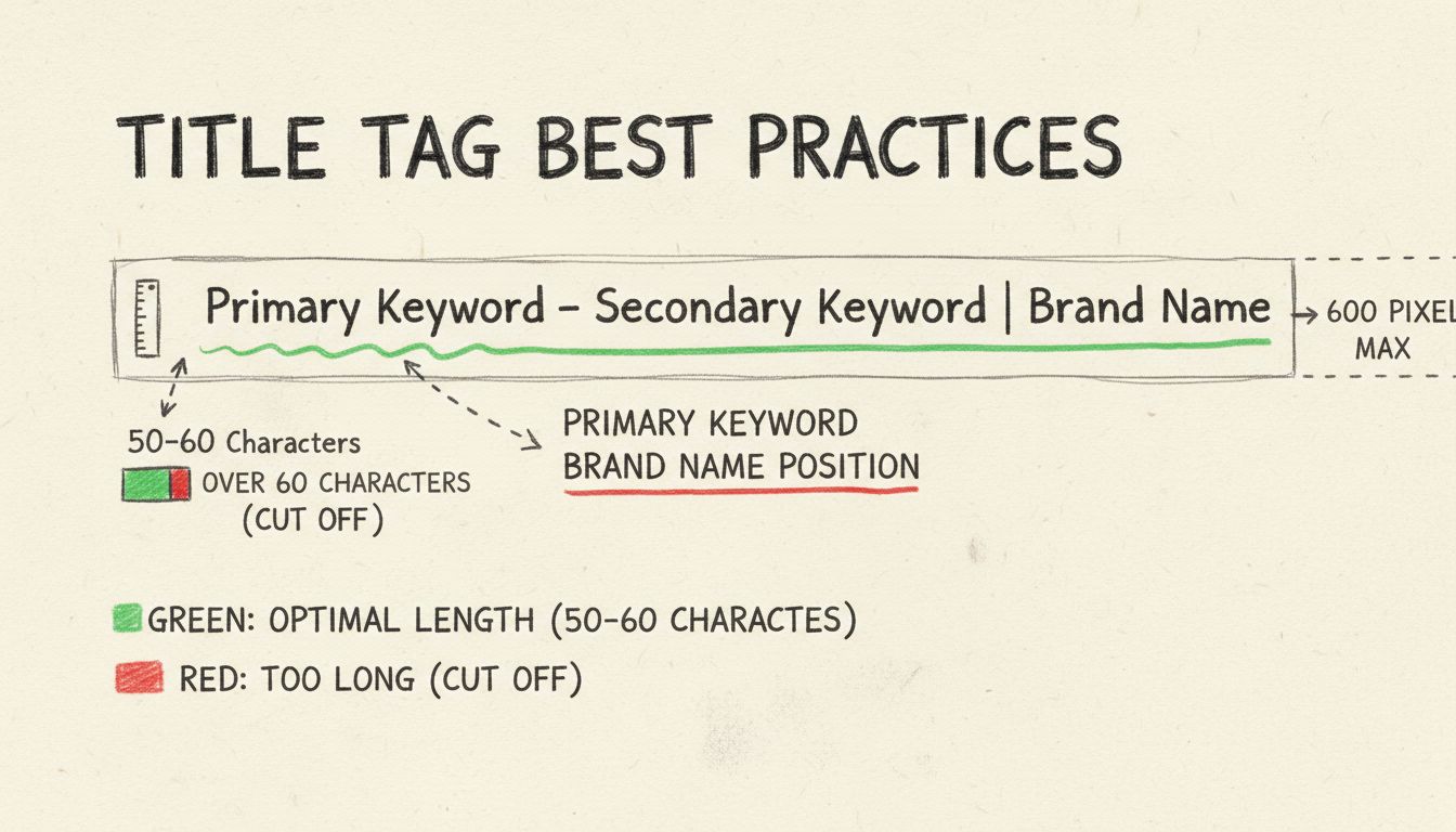 Diagramma best practice title tag che mostra conteggio caratteri, posizionamento delle keyword e linee guida sulla larghezza in pixel per ottimizzazione SEO