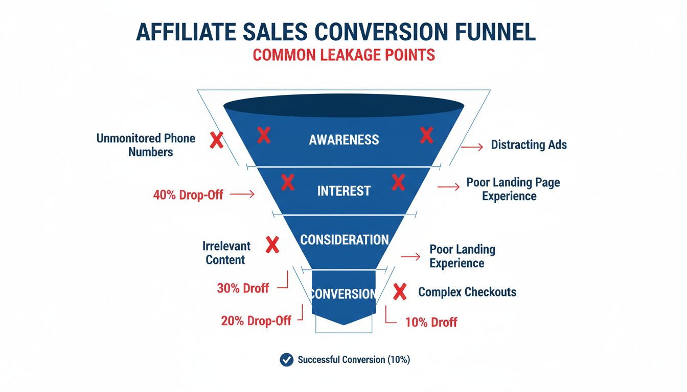 Funnel di conversione in affiliazione che mostra i punti di perdita in ogni fase con segni X rossi che indicano dove i potenziali clienti abbandonano