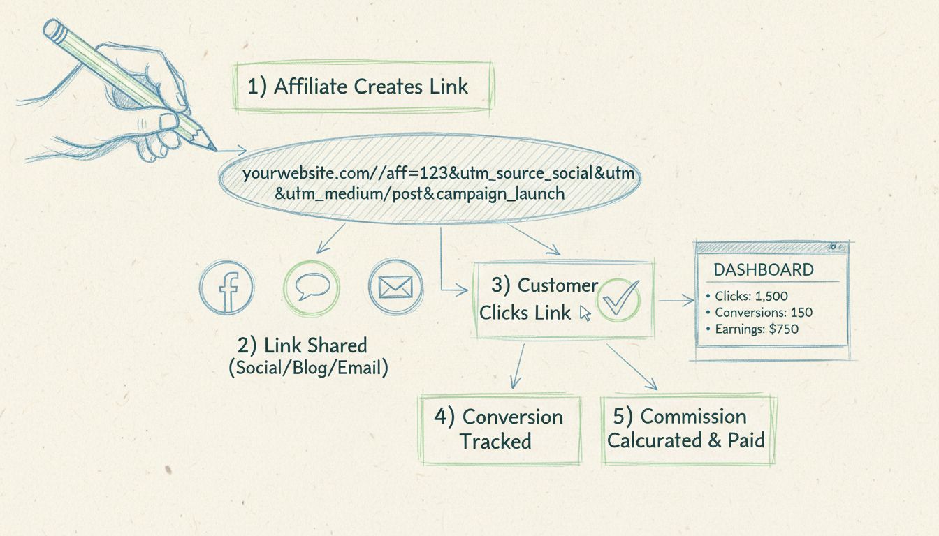 Diagramma del flusso di monitoraggio dei link di affiliazione che mostra l’intero processo dalla creazione del link al tracciamento delle conversioni e al pagamento delle commissioni